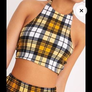 Yellow check print halter top